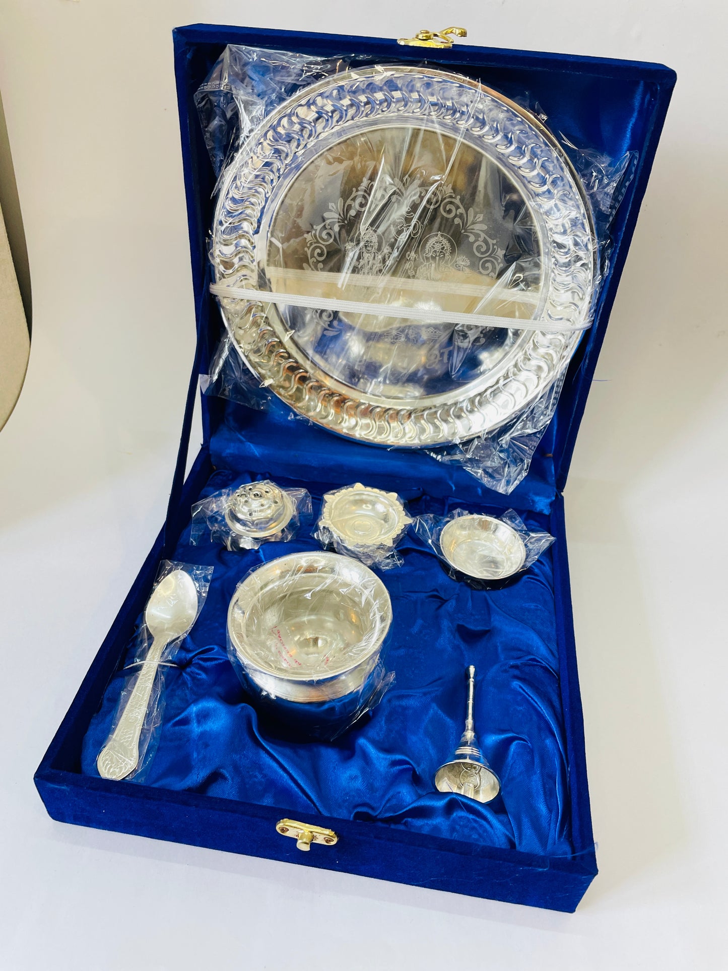 Shubh Aarambh 7-Piece Premium Silver Pooja Thali Set (22 cm)