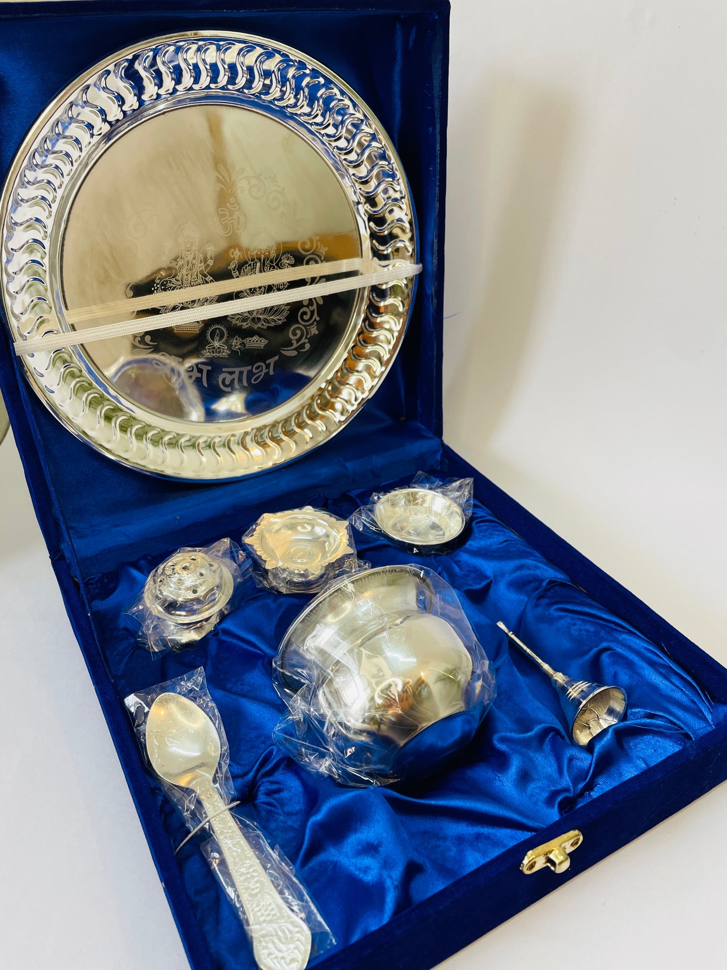 Shubh Aarambh 7-Piece Premium Silver Pooja Thali Set (22 cm)