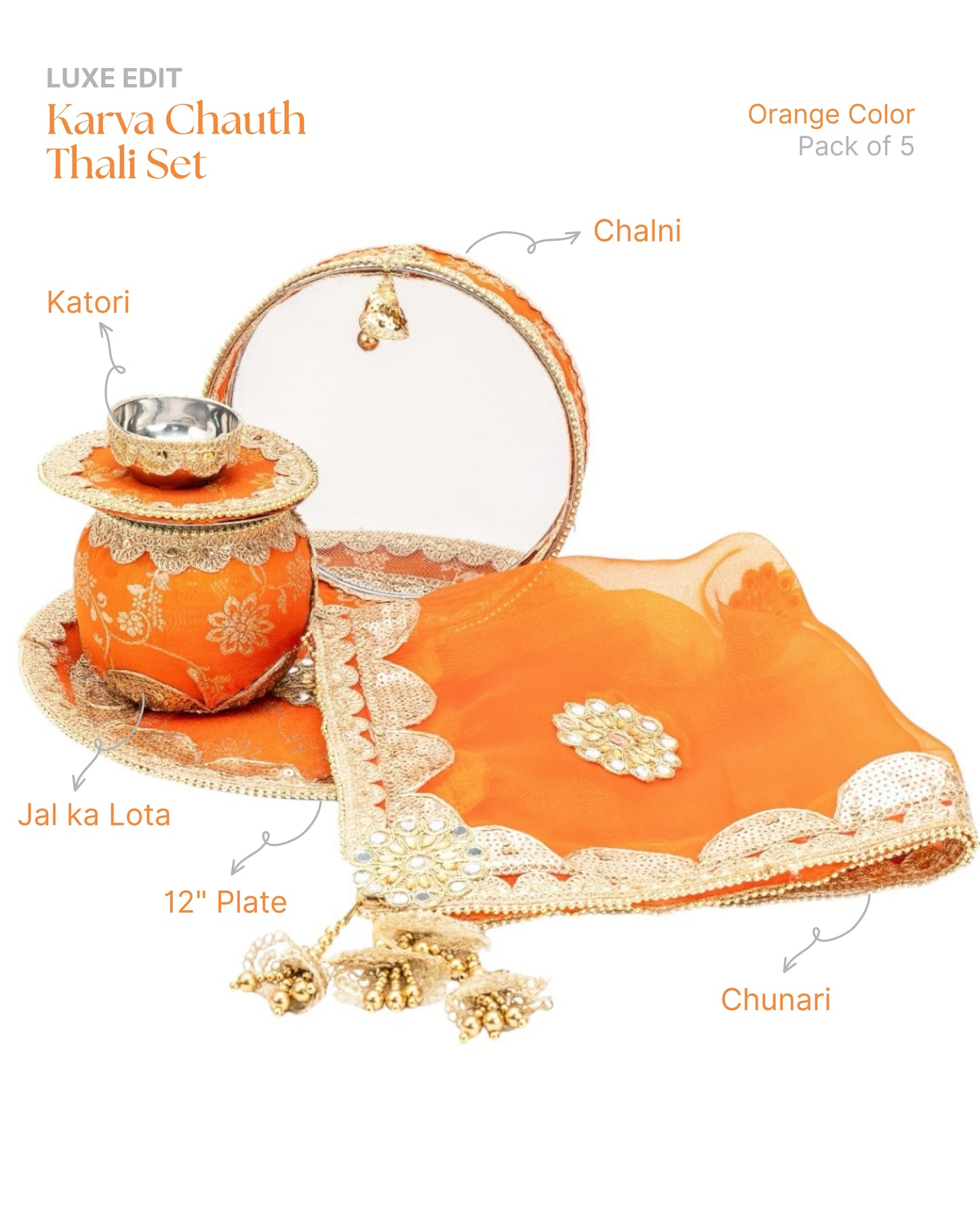 Shubh Aagman Karwa Chauth Elegance Thali Set – Orange 5-Piece