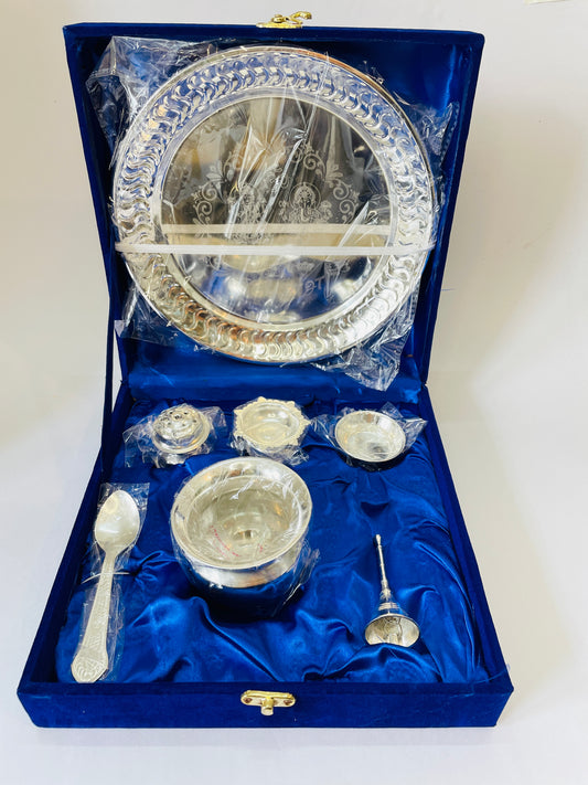 Shubh Aarambh 7-Piece Premium Silver Pooja Thali Set (22 cm)