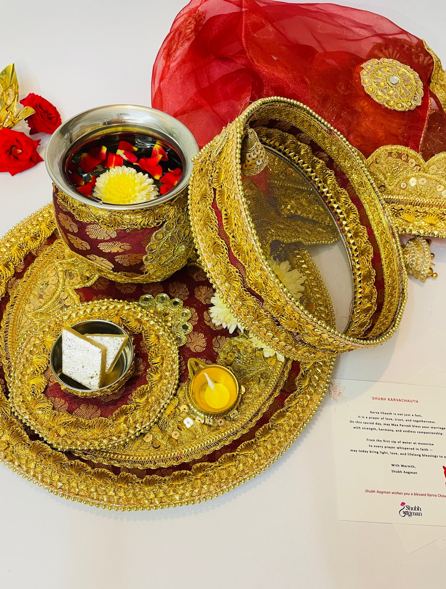 Shubh Aagman Karwa Chauth Elegance Thali Set – Maroon 5-Piece
