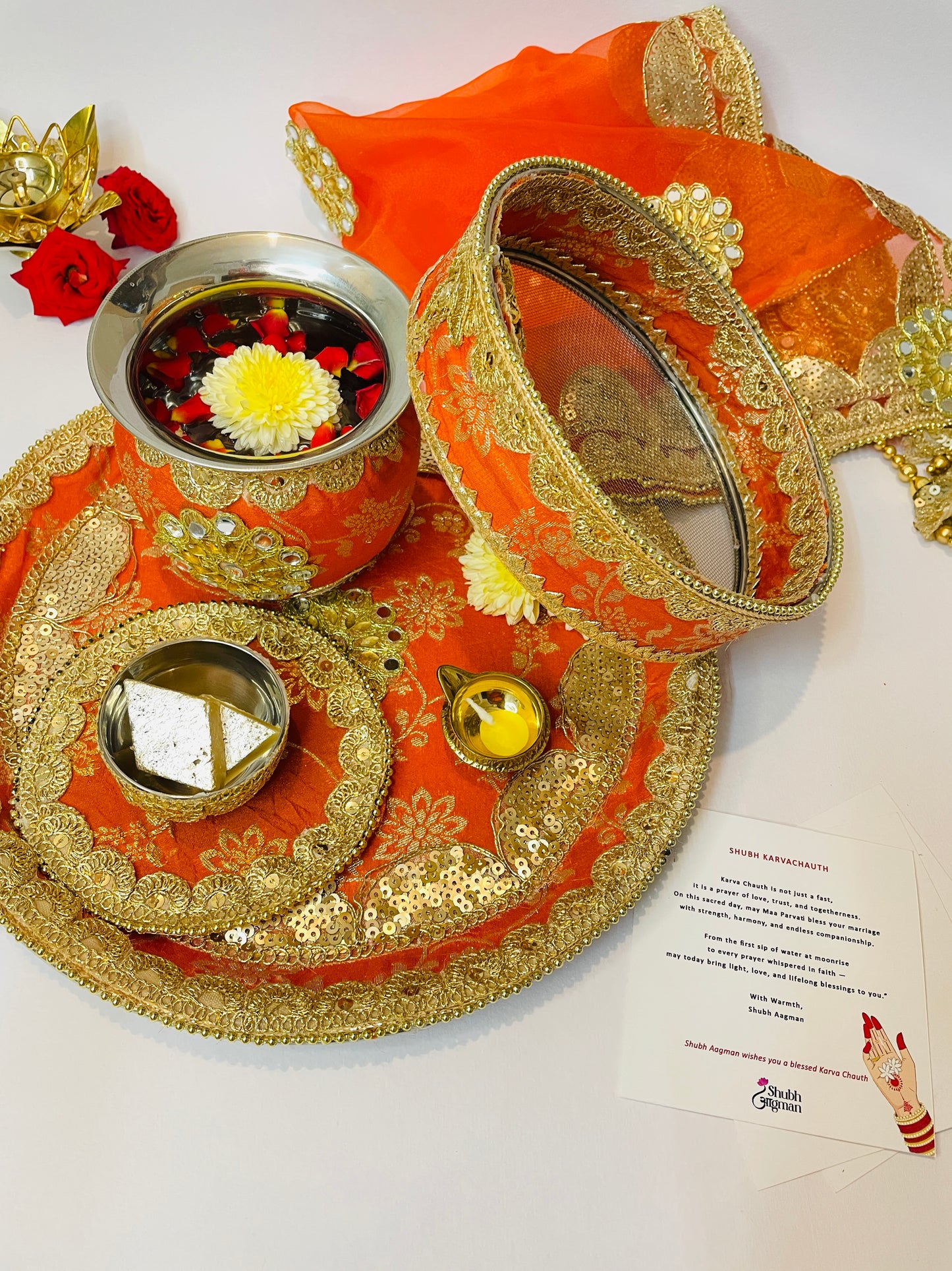 Shubh Aagman Karwa Chauth Elegance Thali Set – Orange 5-Piece