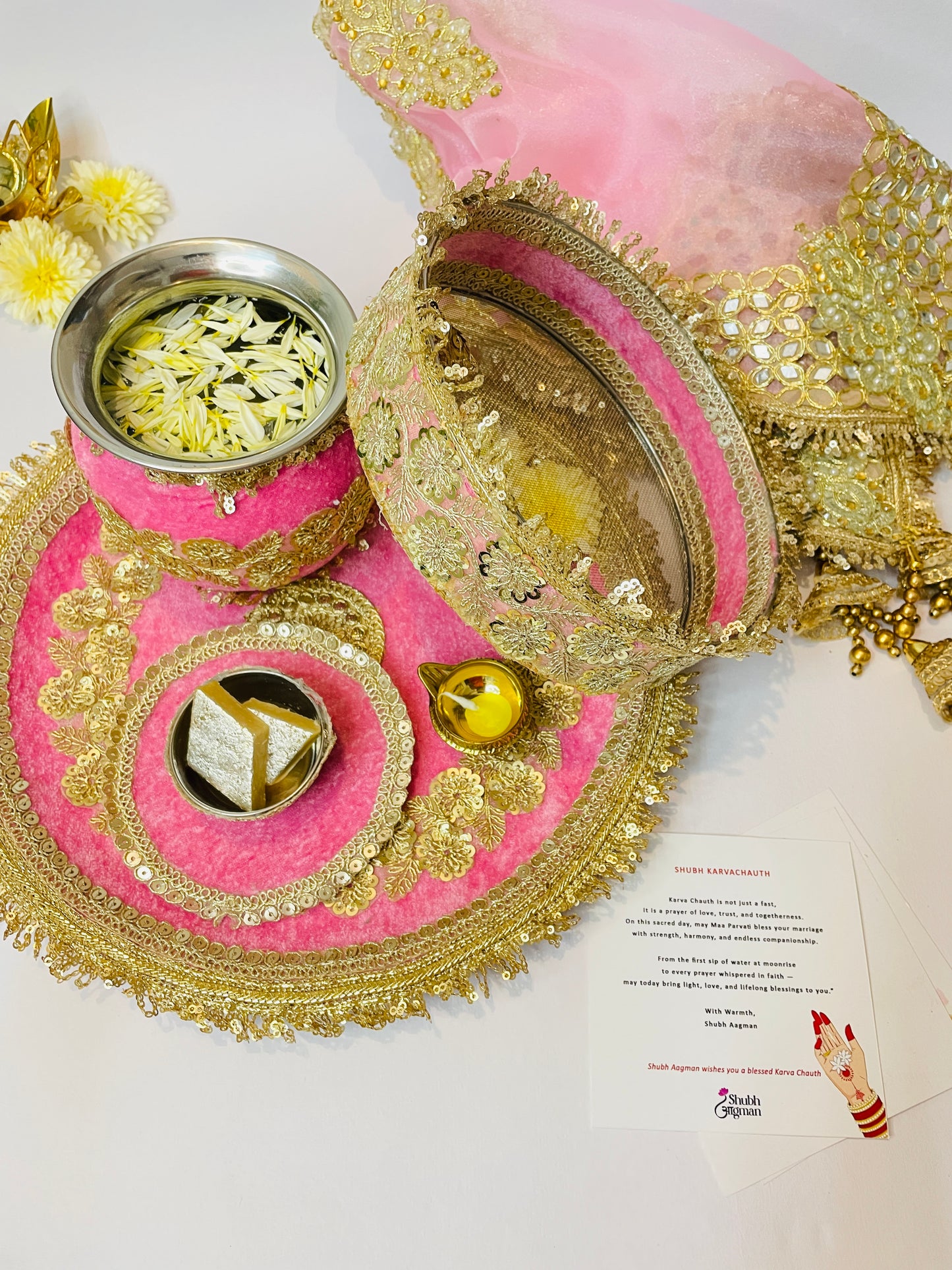 Shubh Aagman Karwa Chauth Elegance Thali Set – Pink  5-Piece